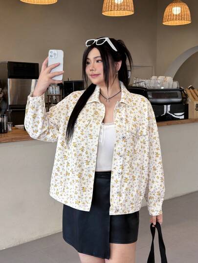 SHEIN EZwear 大码牛仔夹克，长袖，休闲时尚，适合日常穿着