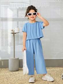 SHEIN Genkimix Kids 2 chiếc áo sơ mi trơn tay ngắn màu trơn thường ngày cho bé gái kết hợp với quần ống rộng cạp chun, bộ mùa hè - Màu xanh lam - Xem 3