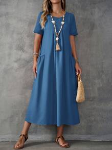 EMERY ROSE Vestido largo y sencillo de mujer con cuello redondo, manga corta y bolsillo en un solo color - Azul - Ver 5