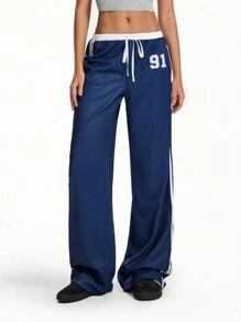 TRNVIE 复古运动风格拼色条纹休闲宽松裤，女式低腰直筒裤，百搭