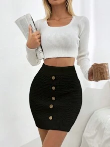 EURMUSE Casual Texture Knit Mini Sweater Skirt With Button - Black - View 1