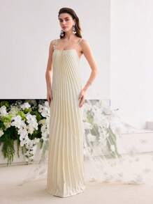 MOTF Soiréza VÁY MAXI CHÍNH THỨC REN XẾP NẾP CHO NỮ - Màu be - Xem 5