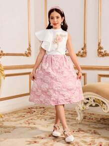 Tween-Mädchen Lässiges Kleid aus Jacquardstoff mit Stehkragen, asymmetrischem Rüschensaum