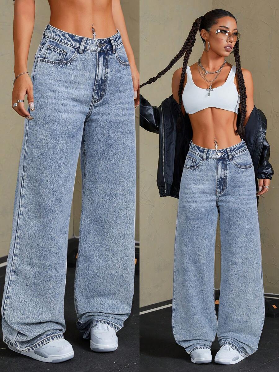 SHEIN Tall 女式前扣口袋简约阔腿休闲牛仔裤