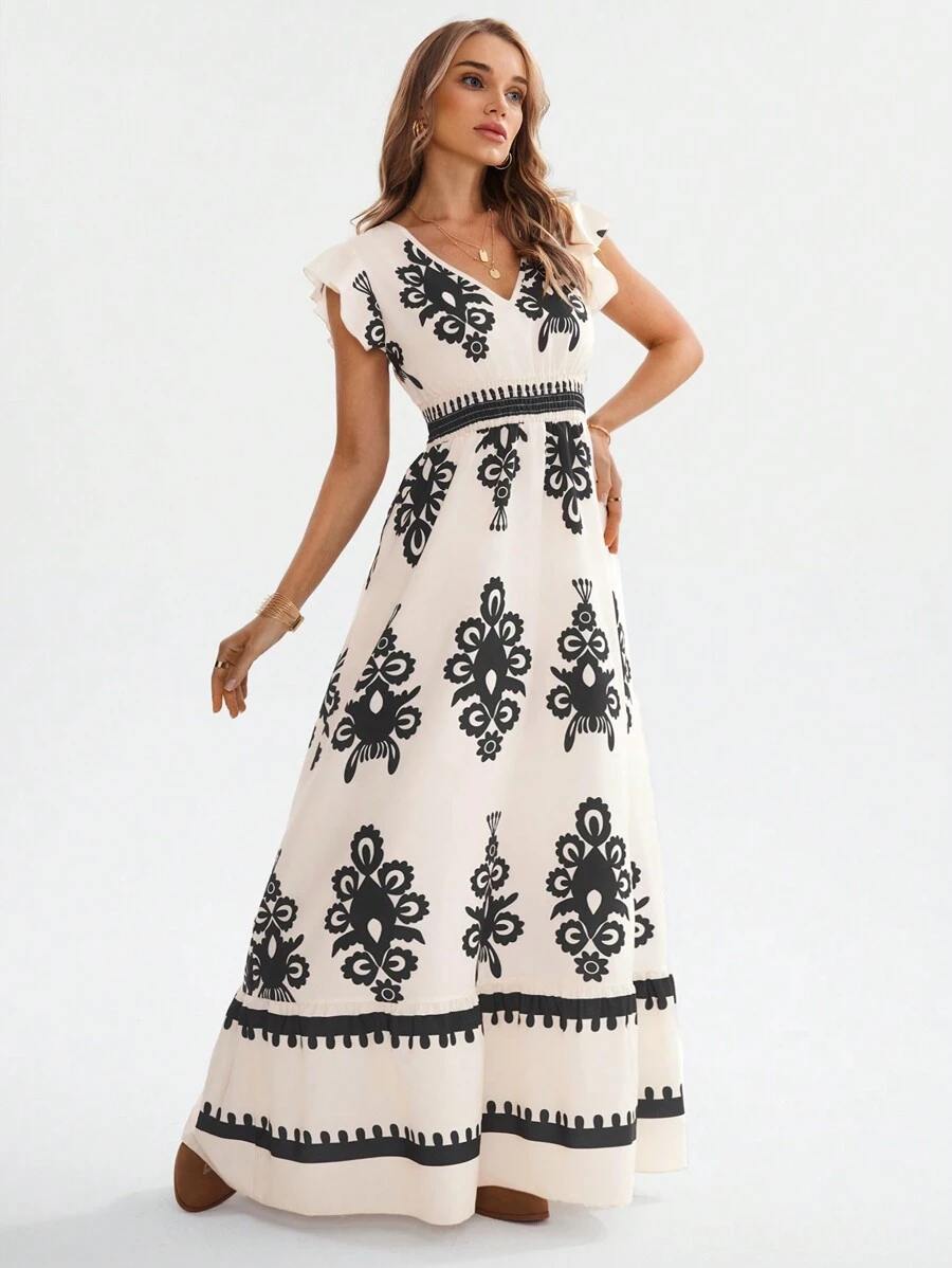 SHEIN LUNE Shirred Ruffle Trim Cap Sleeve Drawstring Waist A-Line Dress With Placement Print, Casual Holiday Dress For Ladies