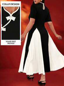 Celure Plus Size Qipao Style Mock Neck Slit Hem Short Sleeve Button Down Flare Dress, For Valentine's Day, Chinese New Year, Holidays