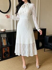 DAZY Women Elegant Solid Color Lace Ribbon Collar Puff Sleeve Mid-Length Dress Prom Dress