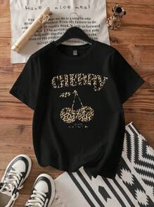 SHEIN EZwear Loose Fit Leopard Print & Cherry Graphic Crew Neck Short Sleeve T-Shirt For Women, Summer