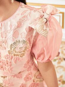 SHEIN Tween Girls 优雅春夏粉色提花缎带蝴蝶结装饰拼布欧根纱荷叶边收腰连衣裙 - 粉色 - 查看 5