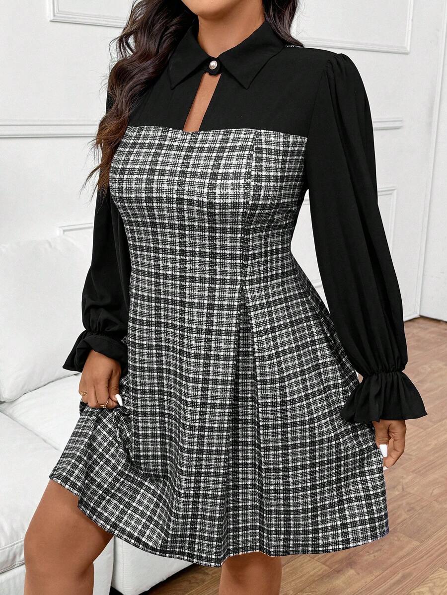 SHEIN Frenchy Plus Size Women Elegant Ruffles Sleeve Plaid Modest Dresses Tita Outfit Patchwork Midi Dress - Black - View 1