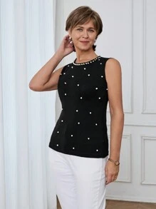SHEIN LUNE Spring & Summer Casual Beaded Basic Sleeveless Sweater For Women - Black - View 6