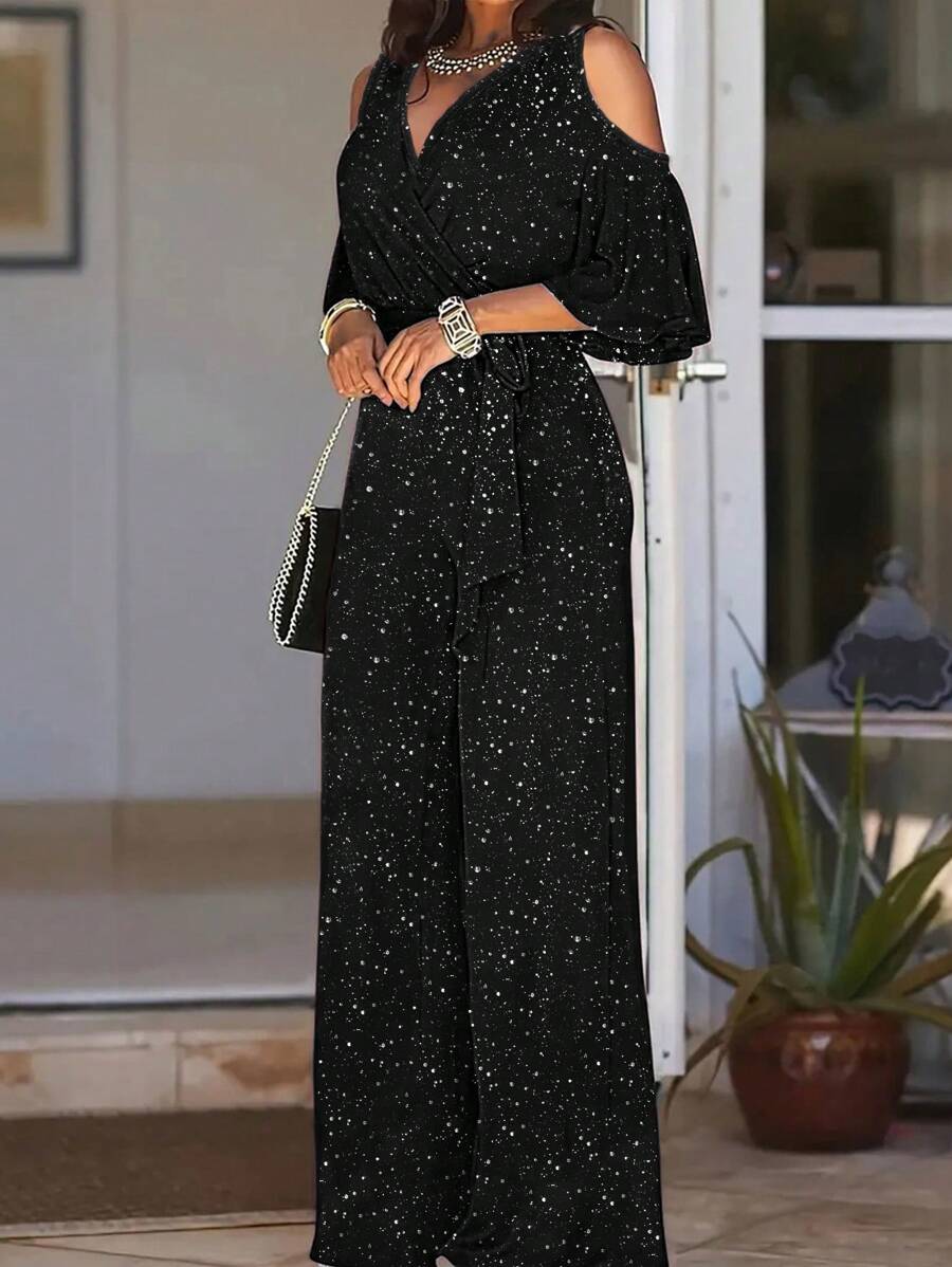 INAWLY 女士休闲银色露肩连体裤，适合通勤