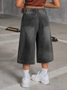 SHEIN Tween Girls Y2K 2000s Retro Washed Baggy Casual Denim Wide Leg Knee Length Jeans Shorts,Girls Fall Clothes Back To School Streetwear Outfits - Light Wash - View 2