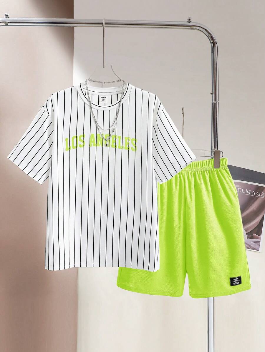 SHEIN Tween Boys Casual Street-Style Letter Print Striped Crew Neck Short Sleeve T-Shirt And Solid Color Shorts 2 Pieces Set - Green - View 1