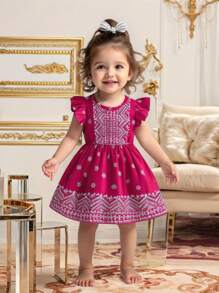 SHEIN Baby Girl Cute Floral Sleeve Round Neck Print Casual Dress, Fashionable Outdoor Summer - Hot Pink - View 7