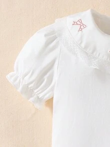Souflis Souflis Young Girl' Cute & Sweet Bow Decor Puff Sleeve Short Sleeve Casual T-Shirt, Summer