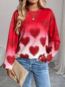 Chiquease Áo nỉ dài tay in hình trái tim thanh lịch dành cho nữ, Áo nỉ chui đầu ngày lễ tình nhân mùa thu - Đỏ - Xem 5