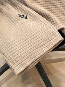 SHEIN 2 件套青少年男童休闲可爱图案纹理面料圆领衬衫和短裤套装，适合通勤、上学、日常休闲外出、运动、春夏 - 卡其色 - 查看 5