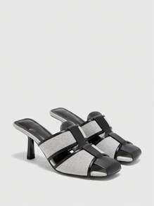 CUCCOO BIZCHIC Women's Fashionable Sexy Black Woven Square Toe Slide Sandals, Chunky High Heel, Summer Outdoor Wear Valentine's Day - Black - View 2