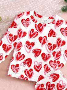 SHEIN Leap Crew 年轻女孩可爱手绘心形印花，粉色和红色，休闲简约柔软舒适长袖裤紧身睡衣家居服套装，春夏，情人节衣服 - 彩色 - 查看 3