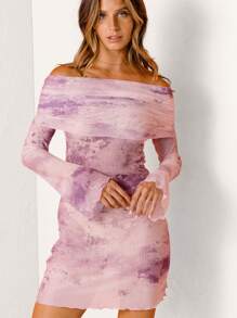 Aralina Vintage Tie-Dye Fold-Over Off-Shoulder Long Sleeve Mini Dress - Mauve Purple - View 3