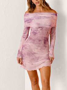 Aralina Vintage Tie-Dye Fold-Over Off-Shoulder Long Sleeve Mini Dress - Mauve Purple - View 5