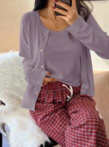 DAZY Zestaw 3 szt.: miękki dzianinowy kardigan, kamizelka i luźne spodnie w kratę, strój domowy