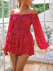 SHEIN VCAY 情人节派对氛围连衣裙，夏季度假约会装，荷叶边露肩灯笼长袖爱心印花女士连体裤，沙滩派对女士连体裤，音乐节街头派对女士连体裤 - 紅白色 - 查看 4