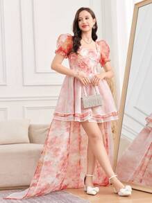 SHEIN Váy tuổi teen màu hồng loang lổ/Tie Dye/Nhiều lớp/Váy bánh/Tay bồng/Cổ tim ngọt ngào/Váy ngắn/Đuôi cực dài/Váy thanh lịch/Váy cổ điển/Váy sinh nhật/Váy công chúa/Váy tuyệt đẹp và dễ thương - Nhiều màu - Xem 5