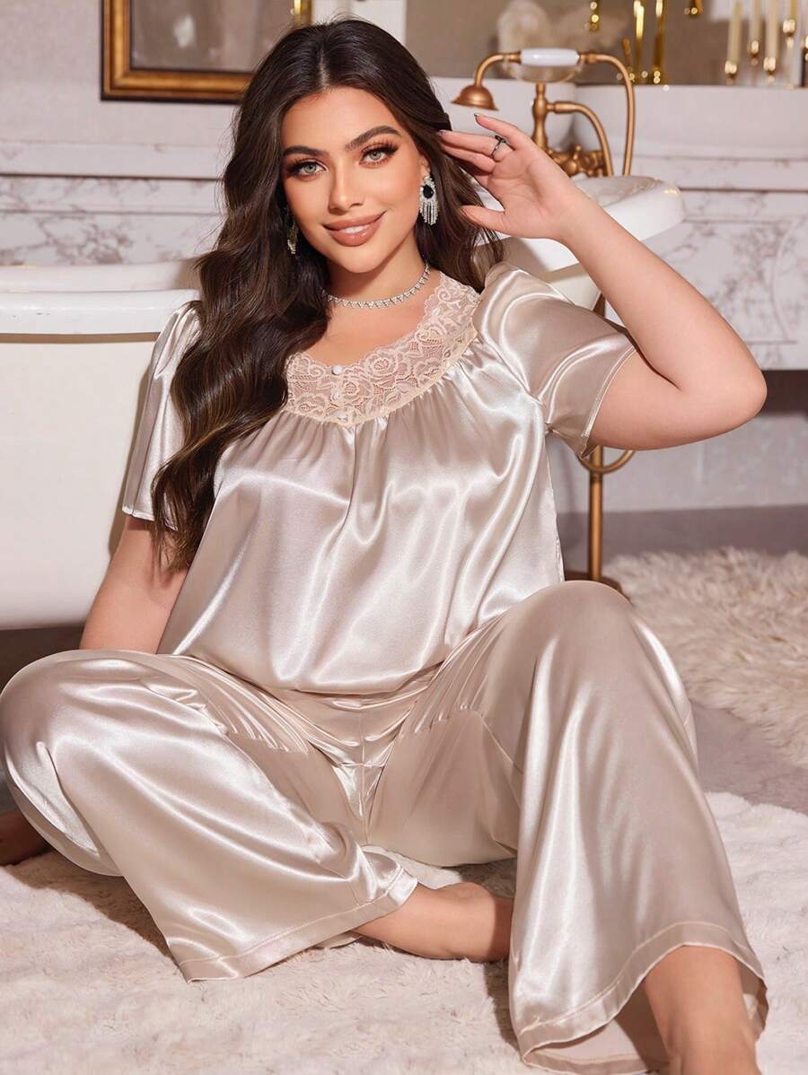 MuseNap CURVE Plus Size Lace Patchwork Button Design Imitated Silk Top & Pants Pajama Set - Champagne - View 1