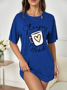 Cup & Letter Graphic Drop Shoulder Pajama Night Dress - Navy Blue - View 3