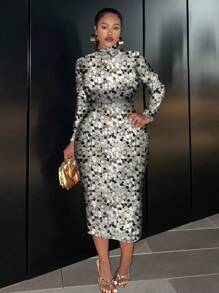 Slaydiva Silver Glitter Print Casual Minimalist Plus Size Long Sleeve Bodycon Dress, Suitable For Summer Party Chic Dress - Multicolor - View 5