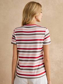 Poéselle 女士圆领短袖条纹休闲针织 T 恤