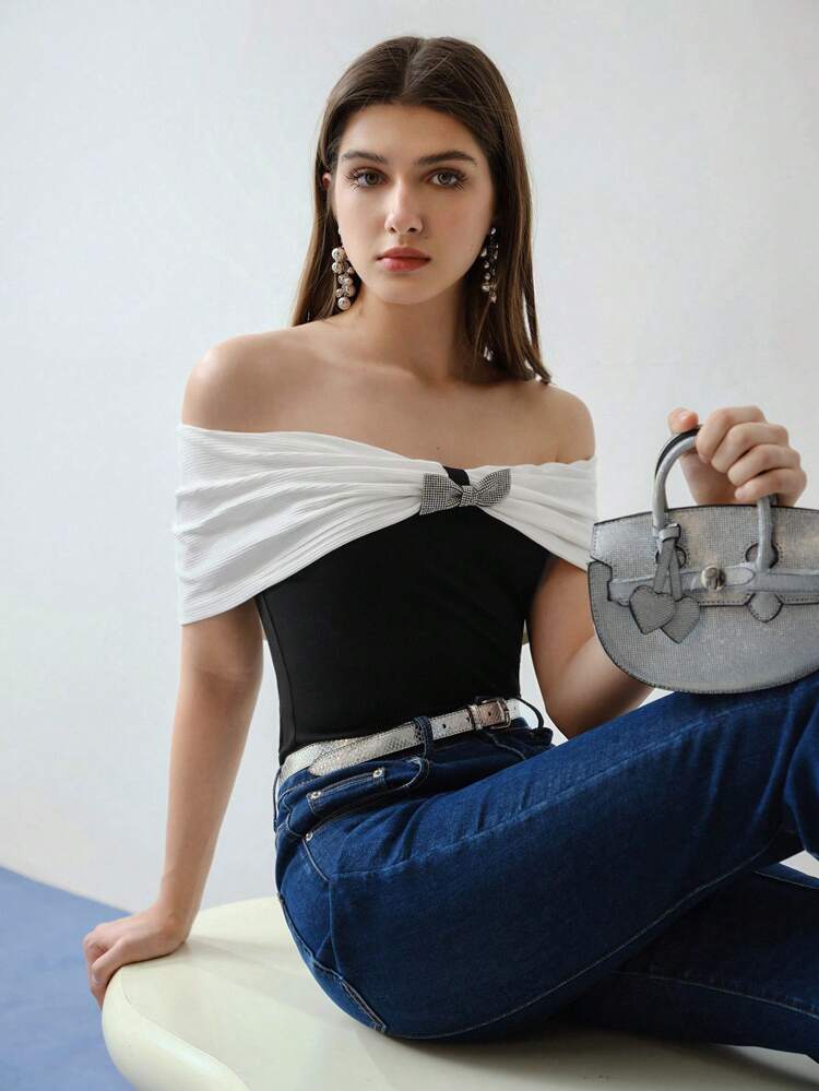 MOTF STUDIO COLORBLOCK RUCHED OFF SHOULDER T-SHIRT,VALENTINE'S DAY,SPRING/SUMMER