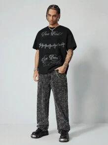 ROMWE MEN Street Life Jeans casuales con pierna recta y bolsillos con estampado de estrellas para hombres