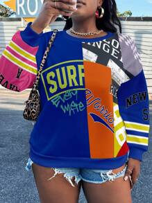 Slaydiva Plus Size Women Casual Letter Print Crew Neck Loose Long Sleeve Pullover Sweatshirt For Autumn/Winter