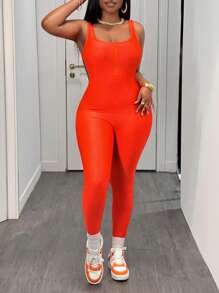 Slaydiva Women Casual Basic Sports Sleeveless Vest & Zip Front Collar Sleeveless Skin-Tight Jumpsuit - FF