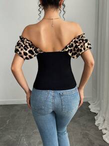 Selianne Women's Fashion Off Shoulder Ruffled Leopard Print Color Block Patchwork T-Shirt, Spring/Summer - Black - View 2