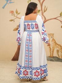 Travachic Plus Size Bohemian Vacation Casual Apricot Retro Print Lace Patchwork Dress For Women - Multicolor - View 2