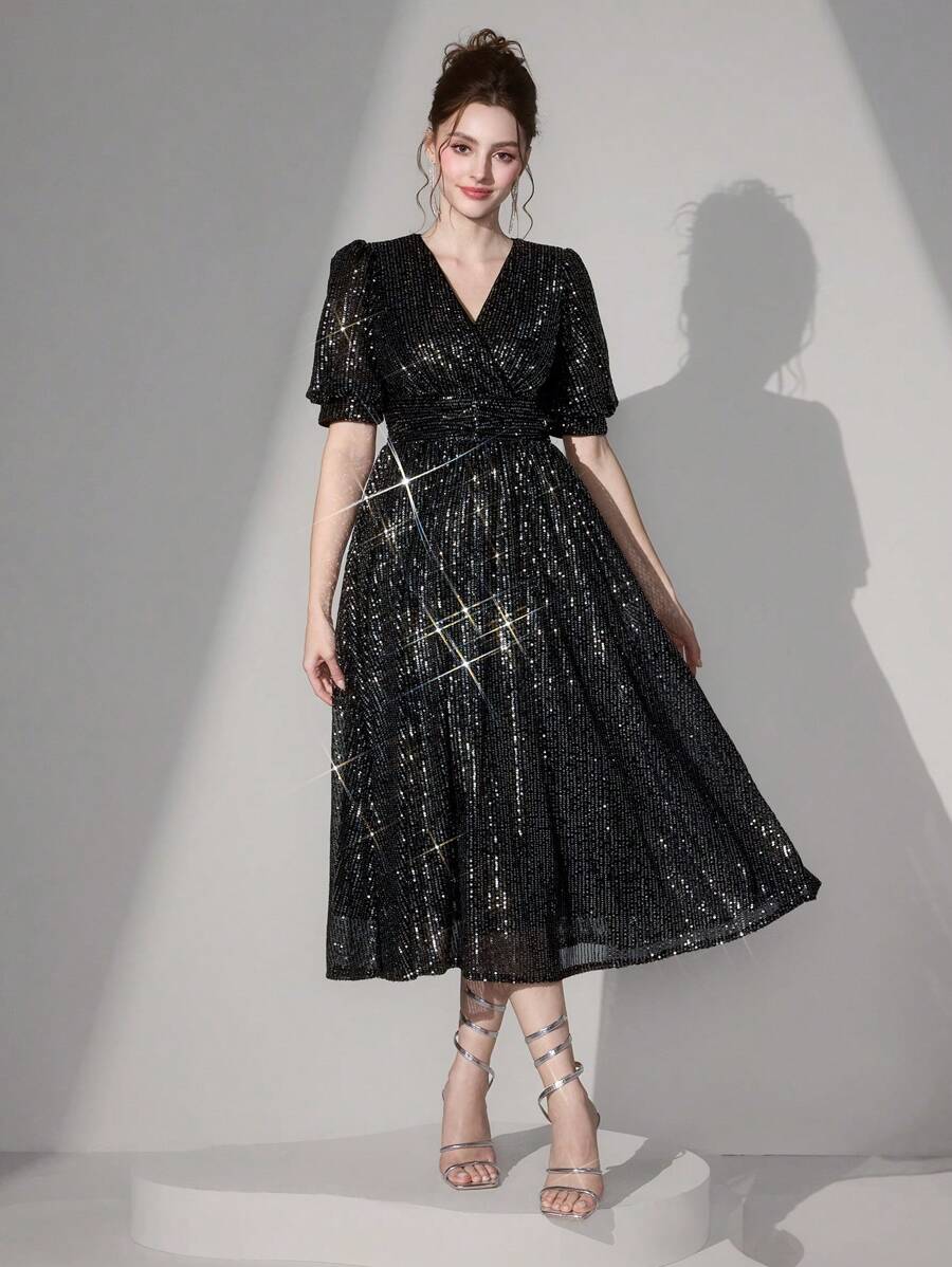 Poshira 闪亮亮片晚礼服，奢华派对礼服，婚礼宾客礼服，腰部收紧设计，修身音乐节春夏，舞会礼服 - 銀色 - 查看 1