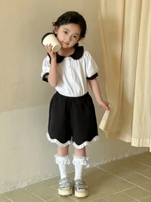 DAZY 2pcs/Set Young Girl Casual Simple Stylish Short Sleeve Top And Shorts Set, For Daily Wear - White - View 4