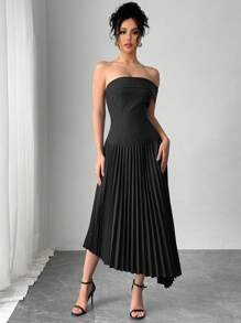 SHEIN Unity 1 pieza Vestido de tirantes elegante con pliegues y bajo asimétrico - Negro - Ver 3