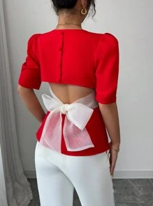 Elenzga Red Contrast Color Bowknot Strap Back Shirt - Red - View 1