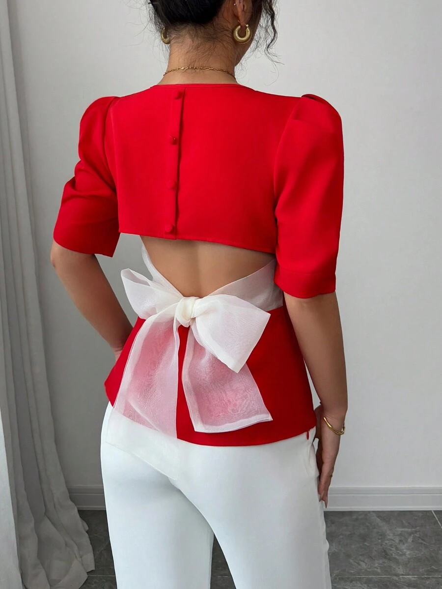 Elenzga Red Contrast Color Bowknot Strap Back Shirt - Red - View 1