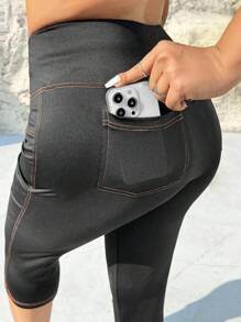 SHEIN EZwear Plus Size Pocket Minimalist Slim Fit High Waist Leggings