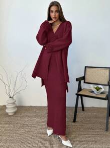 Aloruh Women's New Knitted Mid-Length Cardigan And Straight Hem Skirt Set, Versatile For Home And Outdoor, 2 Pieces Set