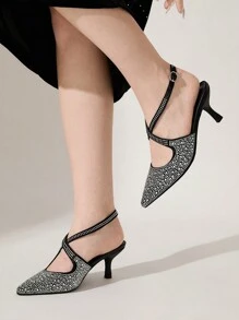 CUCCOO CHICEST Zapatos de tacón alto con puntera puntiaguda y decoración de cristales, elegantes y de moda para mujeres - Plateado - Ver 5