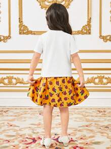 SHEIN Lässiges Zweiteiler Set für Kleine Mädchen - T-Shirt mit rundem Ausschnitt und Cartoon Mädchen Motiv, Kurzarm + Rock mit Rüschensaum und Rosen Blumen Muster, Frühling/Sommer - Gelb - Übersicht 2