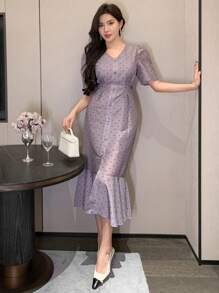DAZY 波点V领镂空鱼尾中长连衣裙，女士舞会礼服，吊带裙，婚纱，奢华优雅女士连衣裙 - 紫色 - 查看 1