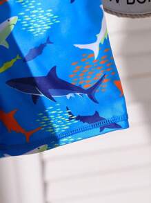 Young Boys' Cartoon Shark Print Long-Sleeved Top And Swimming Trunks Set,Suitable For Beach, Outgoing And Swimming In Spring Summer - Multicolor - View 6